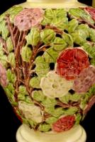 Fischer Emil díszkancsó, 1890 körül, keménycserép, áttört, kézzel festett, jelzett, restaurált, m:48...