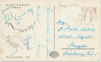1940 A Szeged AK labdarúgócsapat tagjainak aláírása Nagyváradról küldött képeslapon (Nagy Antal, Gyu...