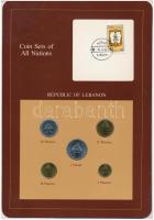 Libanon 1975-1981. 5P - 1Ł 5xklf db, forgalmi szett felbélyegzett kartonlapon T:1  Lebanon 1975-1981. 1 Piastres - 1 Pound 5xdiff, coin set on cardboard with stamp C:UNC