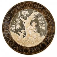 Schütz Cilli: Erdőn játszadozó faun és puttó, mázas kerámia dísz falitányér párban, jelzett, egyiken...