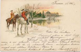 1899 Hunters with horns, horses, litho (Rb)