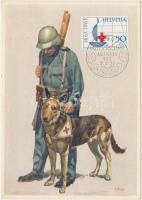 1937 Bundesfeier, Schweizerische Rote Kreuz / Swiss Natinonal day, Red Cross, WWII military First Aid man and dog '1936 Ausgabetag Bern' So. Stpl