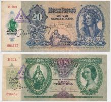 1936. 10P + 1941. 20P mindkettő hamis adópengő bélyeggel "MNB Debreceni Fiókintézet" bélye...