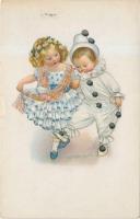 Children couple, clown, M.M. Nr. 758. litho (small tear)