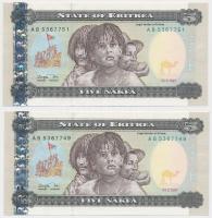 Eritrea 1997. 5N (2x) közeli sorszámokkal T:I Eritrea 1997. 5 Nakfa (2x) with close serials C:UNC