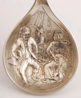 Antik ezüst (Ag.) díszkanál, szélmalommal és tánc jelenettel, jelzett (Belgium), nettó: 20 g, h:12 c...