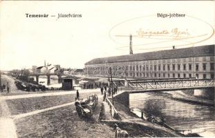 Temesvár, Józsefváros, Béga-jobbsor, Dohánygyár, híd / river, tobacco factory, bridge