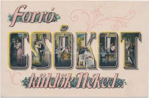 Forró csókot küldök Néked / Love greeting card, Kisses, couples, L & P 6318/IV., Art Nouveau