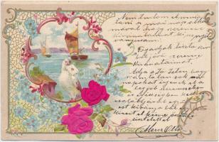 Floral greeting card, ships, dove, Art Nouveau silk card, Emb. litho (EK)