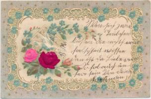 Floral greeting card, dove, Emb. litho, silk card (fa)