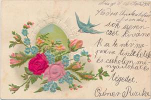 Floral greeting card, swallow, Emb. litho, silk card (EK)