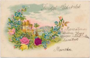 Floral greeting card, castle, Emb. litho, silk card (EK)