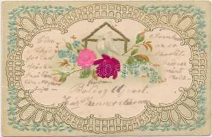 Floral greeting card, Emb. litho, silk card (EK)
