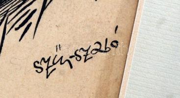 Szűr Szabó József (1902-1993): Rekordok. Tus, papír, jelzett, üvegezett keretben, 20×22 cm