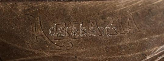 Szecessziós vitorlás ón tálca, "Abbazia" felirattal, hibás, 20×13,5 cm