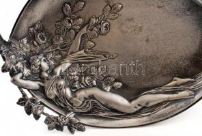 Szecessziós ón tálca, restaurált, hibás, 25×19 cm