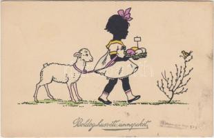 Easter, girl, lamb, silhouette, H.W.B. Ser. 2100.