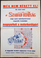 cca 1950 Szabad Ifjúság rejtvényújság reklámplakát Csepel motorkerékpár nyereménnyel 40x60 cm