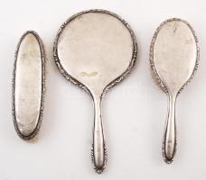 Ezüst (Ag.) kézitükör, ezüst (Ag.) hajkefe és ruhakefe, jelzettek, bruttó:512 g, 27×14 cm, h:23 és 1...