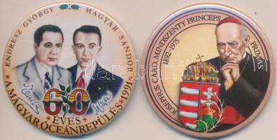 1991. "60 éves a magyar óceánrepülés / Endresz György, Magyar Sándor" + ~1990. "Mindszenty József" színes kitűzők (58mm) T:2