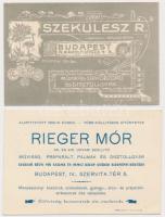 1905 Bp., Szekulesz R. Művirág-, sírkoszorú- és dísztollgyárának, és Rieger Mór Művirág, präparált pálmák és dísztollgyárának reklámkártyája, hátoldalukon számla 2f okmánybélyeggel