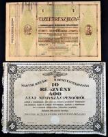 Budapest 1928. "Magyar Acélárugyár Részvénytársaság" 10 részvénye 400P-ről ragasztva + Debrecen 1939. "Tiszántúli Körzeti Mezőgazdasági Hitelszövetkezet" üzletrészjegye szelvényekkel T:III