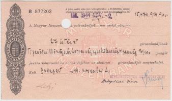 Budapest 1944. "Magyar Nemzeti Bank" kitöltött csekk lyukasztással érvénytelenítve T:I-