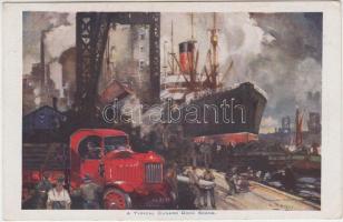 Typical Cunard Dock scene, automobile, steamship (EK)