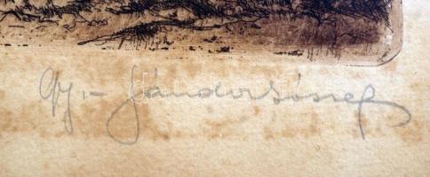 Sándor József (1887-1936): Legelésző nyáj. Rézkarc, papír, jelezett, üvegezett képkeretben, 15×20 cm