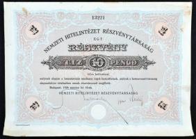 Budapest 1926. "Nemzeti Hitelintézet Részvénytársaság" részvénye 10P-ről, szárazpecséttel, szelvényekkel T:II,II-