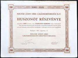 Budapest 1923. "Molnár János Imre Lakberendezési Részvénytársaság" 25 részvénye egyenként 1000K-ról szelvényekkel T:II hajtatlan