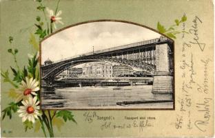 Szeged, Tisza part alsó része, híd, floral litho