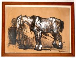 Haranghy Jenő (1894-1951): Kukás a lovával. Vegyes technika, papír, jelzett, papíron kisebb hibák, üvegezett keretben, 50×67 cm