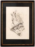 Zórád Ernő (1911-2004): Háború és béke. Tus, papír, jelzett, üvegezett keretben, 38×26 cm