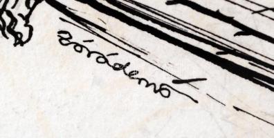 Zórád Ernő (1911-2004): Háború és béke. Tus, papír, jelzett, üvegezett keretben, 38×26 cm