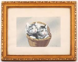 Pápay jelzéssel: Cicák kosárban, vegyes technika, papír, üvegezett fa keretben, 15,5×21,5 cm