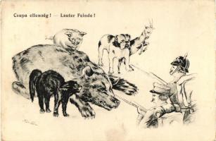 Csupa ellenség! / WWI Hungarian and German soldiers, animals, humour, Viribus Unitis propaganda s: Kertész (ázott sarok / wet corner)