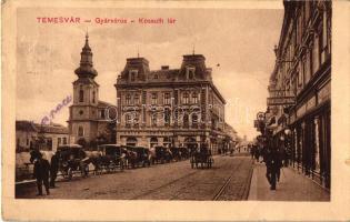 Temesvár, Józsefváros, Kossuth tér, Porcelánház, Adler Ignácz üzlete, Csendes és Fischer üzlete, Vértes József kiadása / square, shops (small tear)