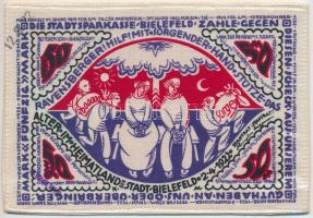 Németország / Weimari Köztársaság / Bielefeld 1922. 50M selyem városi szükségpénz bélyegzéssel T:I Germany / Weimar Republic / Bielefeld 1922. 50 Mark silk necessity banknote with stamp C:UNC