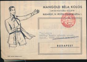 1938 Bp.IV., Mangold Béla Kolos úri divatáru üzletének levelezőlapja és szórólapja anyagmintával