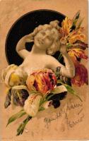 Lady, erotic art postcard, Serie 367. No. 1. floral litho