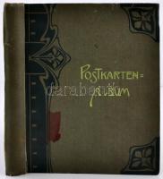 Képeslapalbum Art Nouveau díszítéssel, 104 férőhellyel, benne 71 db régi fekete-fehér külföldi képeslap (20 cm x 28 cm); sok osztrák olasz  / Art Nouveau Postcard album for 104 cards; with 71 old black and white foreign postcards (20 cm x 28 cm); many Austrian and Italian