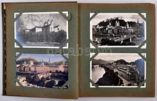 Képeslapalbum Art Nouveau díszítéssel, 104 férőhellyel, benne 71 db régi fekete-fehér külföldi képes...