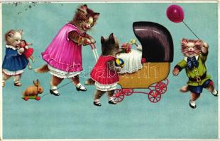 Cats, family, stroller, Novolito litho