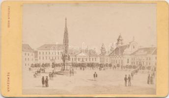 cca 1880 Temesvár főtér, metszetről készült korabeli keményhátú fotó Fridolin Hess temesvári műtermében,  10x6cm