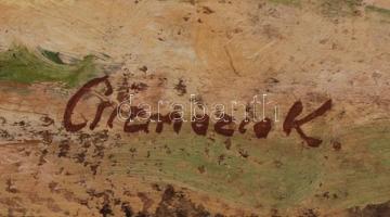 Csizmazia jelzéssel: Csónakkal a folyóparton, olaj, farost, 30×40,5 cm