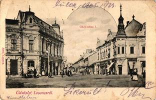 Losonc, Lucenec; Gácsi utca I., Takarék és Hitelbank, Hammermüllerie üzlete. Róth kiadása / street, bank, shop (fa)
