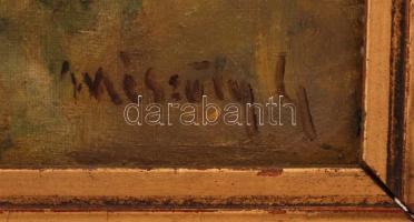 Mészöly jelzéssel: Emberek mocsaras tájon, olaj, vászon, fa keretben, 45,5×63,5 cm