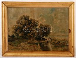 Mészöly jelzéssel: Emberek mocsaras tájon, olaj, vászon, fa keretben, 45,5×63,5 cm
