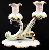 Hollóházi kétágú gyertyatartó, kézzel festett, jelzett, hibátlan, m:15 cm, h:15 cm / Hollohaza porcelain candelstick